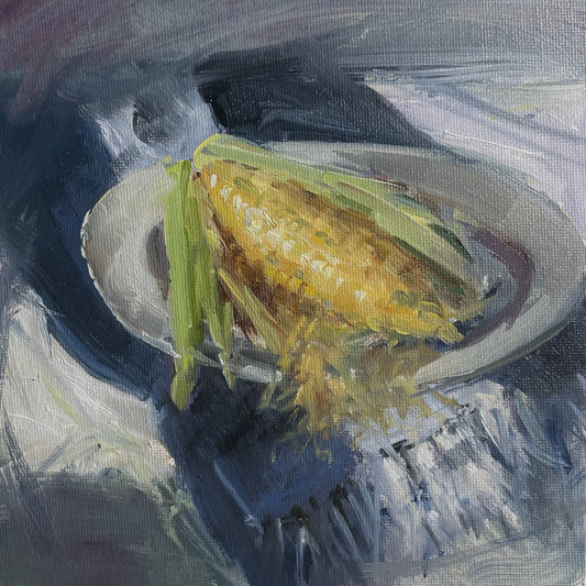 Sweetcorn, still life oil painting.