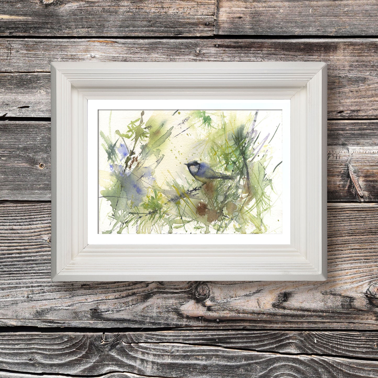 Original watercolour painting blue tit in the forest