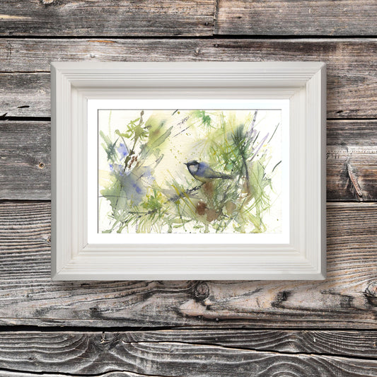 Original watercolour painting blue tit in the forest