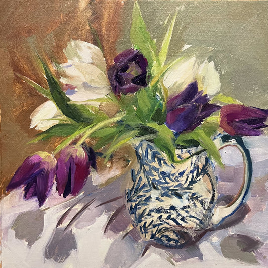 Tulips in a blue and white vase original oil painting