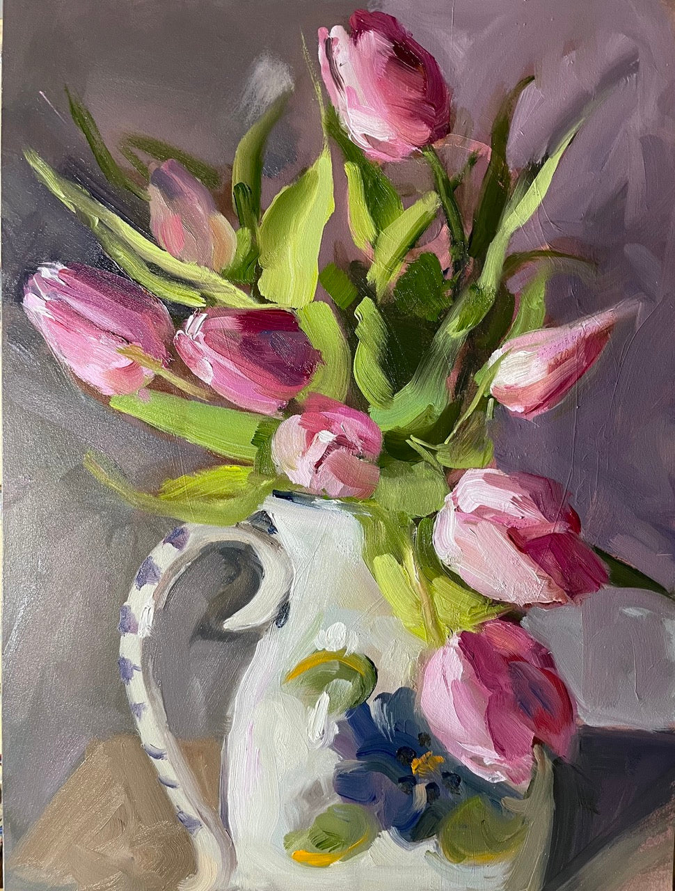 Tulips in a blue and white vase original oil painting.