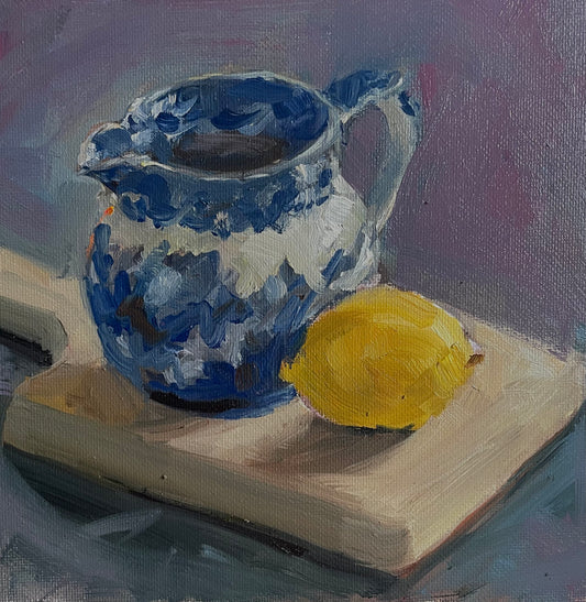 lemon and blue and white jug original oil painting