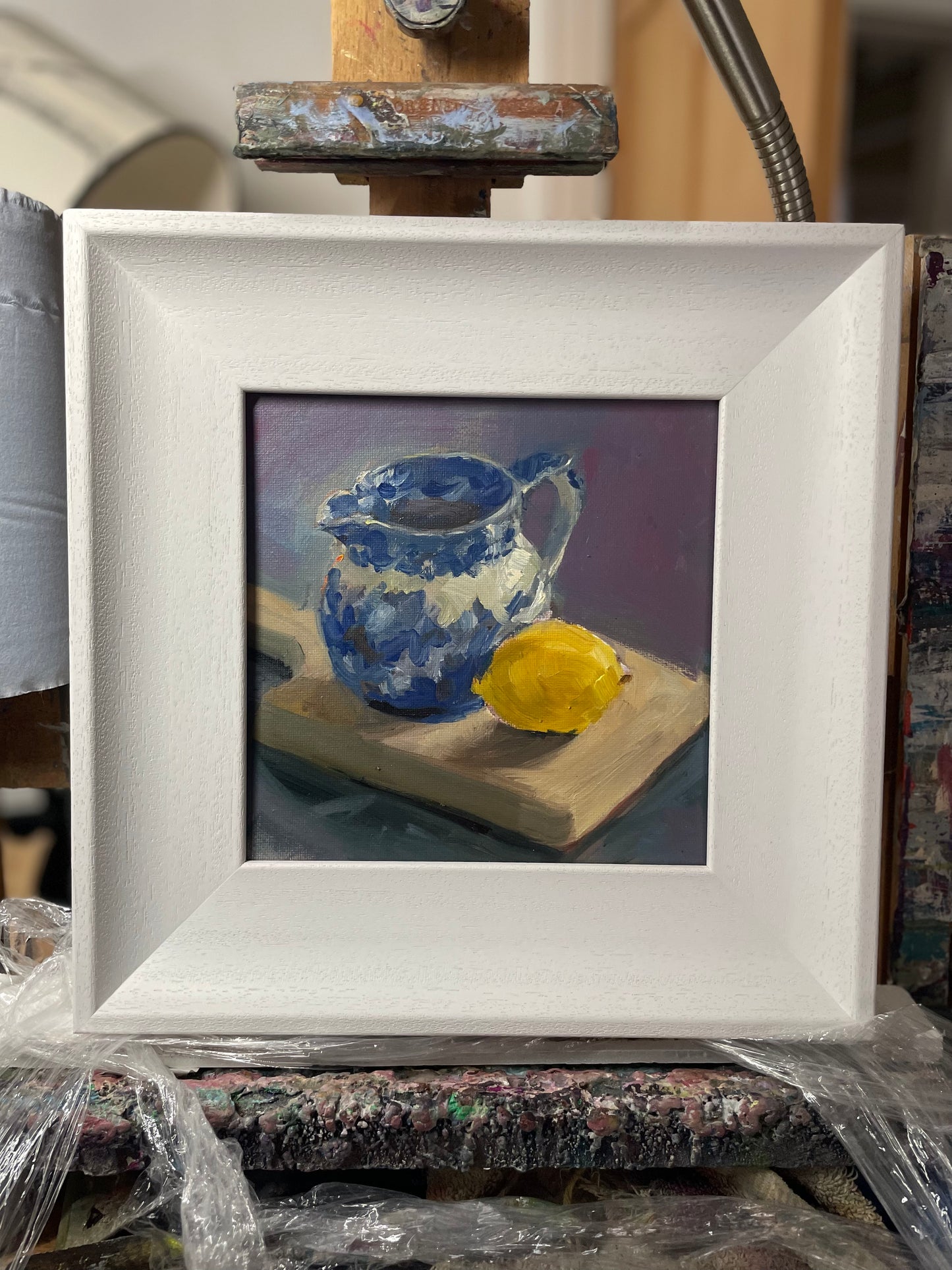 lemon and blue and white jug original oil painting