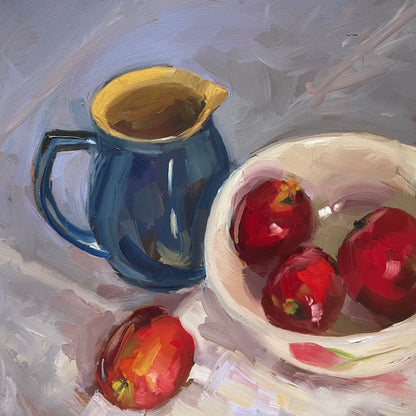 Apples and blue jug original oil painting