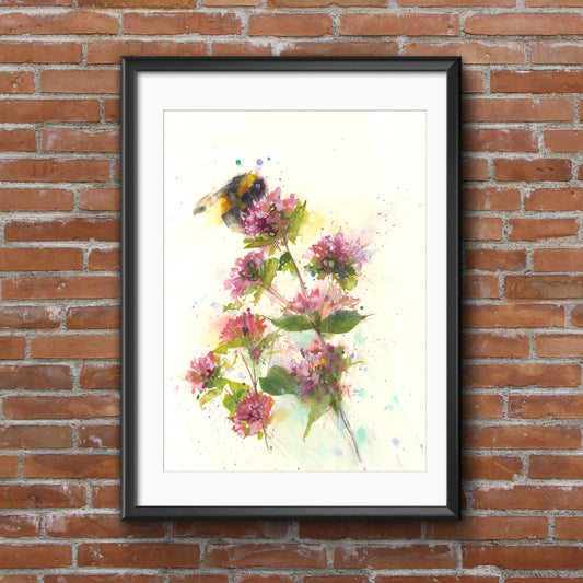 Original watercolour painting bee on marjoram