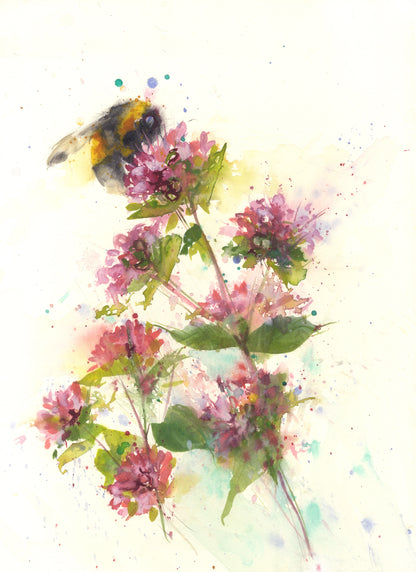 Original watercolour painting bee on marjoram