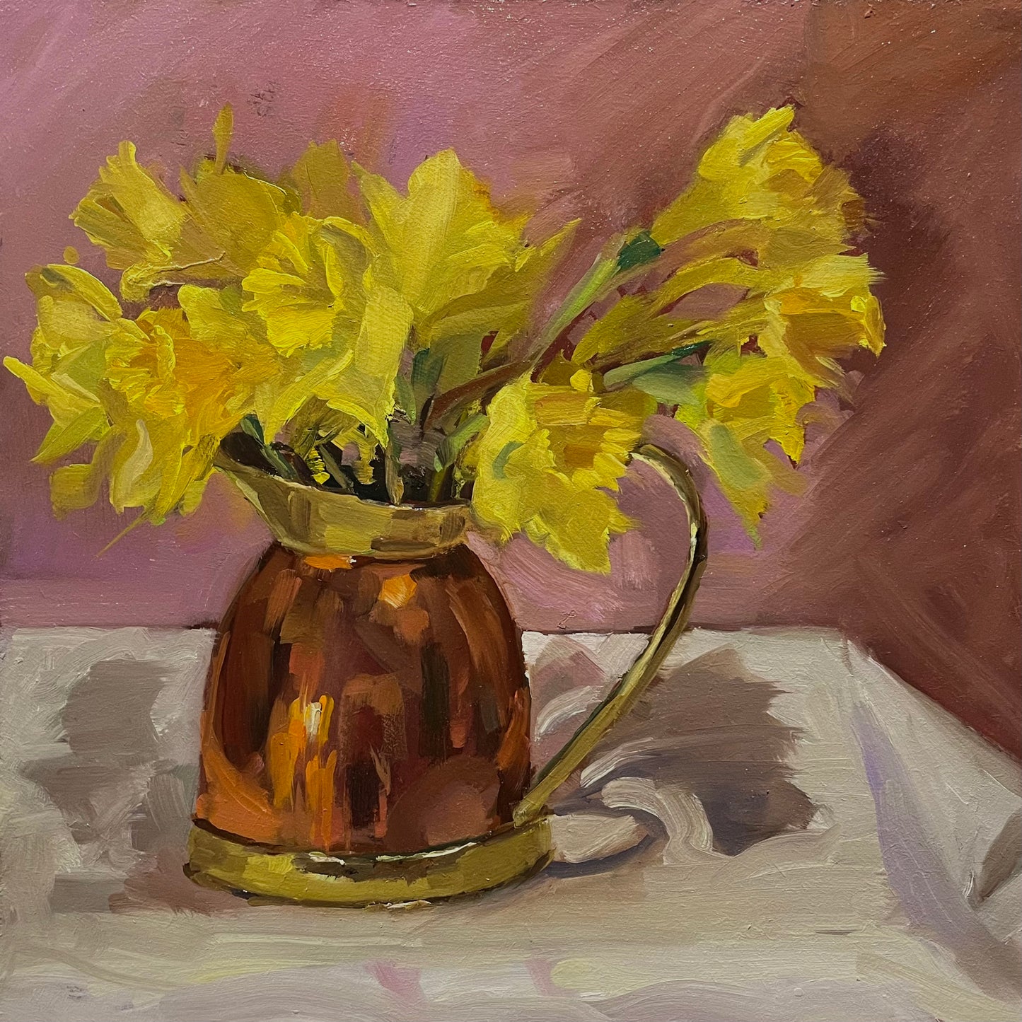 Daffodils in a copper jug original oil painting