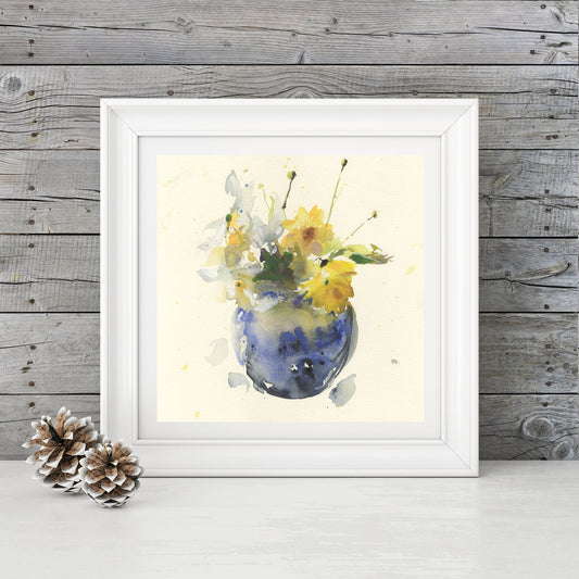 Original watercolour painting "Garden flowers in a blue jug"II