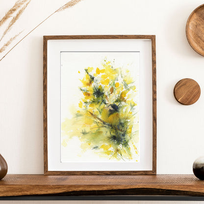 Original watercolour painting blue tit on a gorse hedge