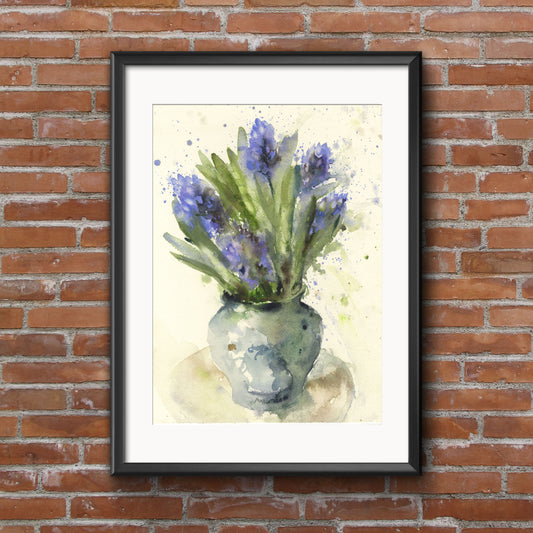 Original watercolour painting hyacinths in a blue vase