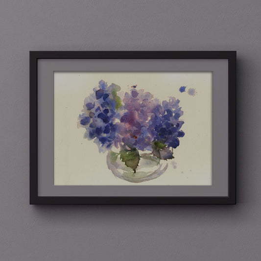 Original watercolour painting hydrangeas in a glass vase