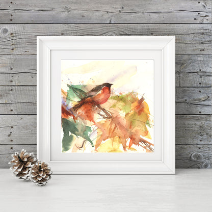 Original watercolour painting Red Start and Autumn leaves