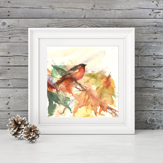 Original watercolour painting Red Start and Autumn leaves