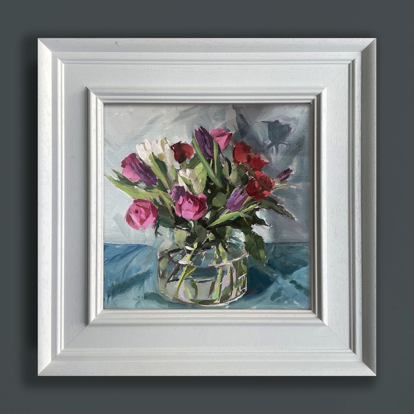 Roses and tulips in a glass vase original oil painting