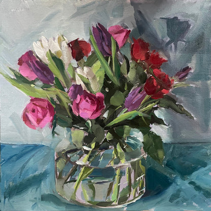 Roses and tulips in a glass vase original oil painting