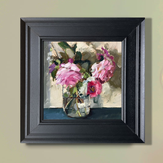 Fading roses in a jam jar oil painting