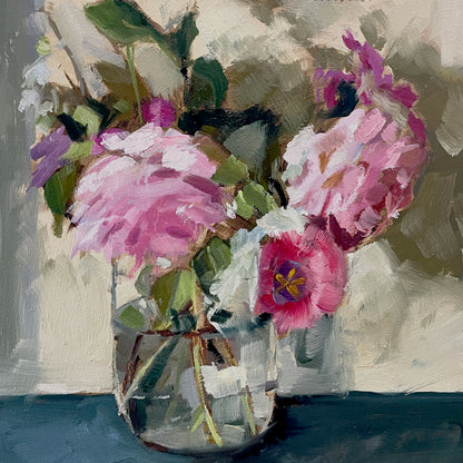 Fading roses in a jam jar oil painting