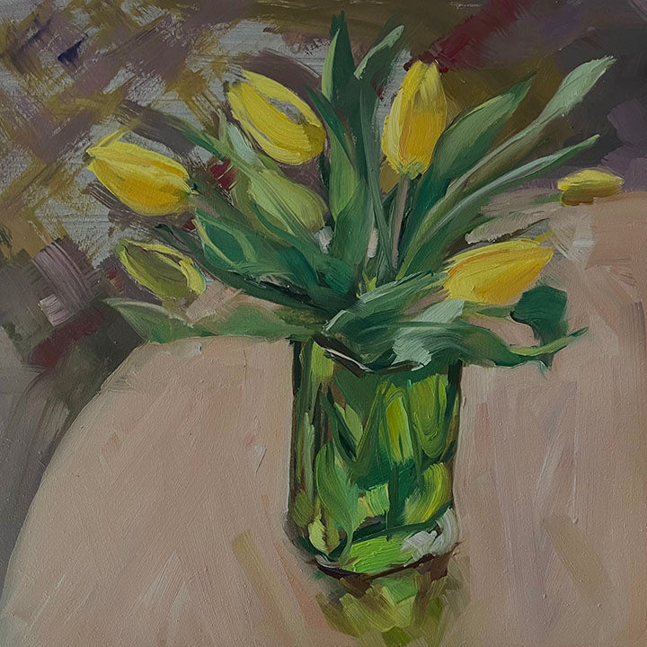 Tulips in a green glass vase original oil painting