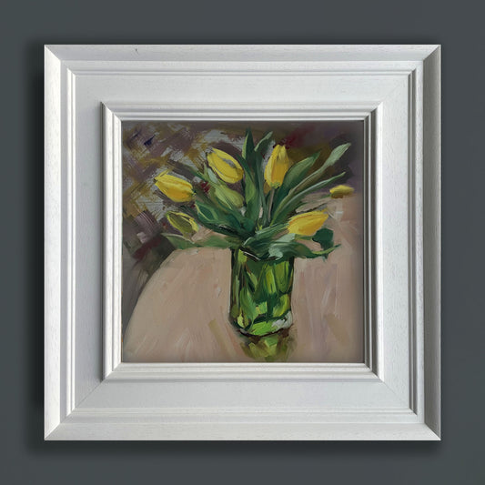 Tulips in a green glass vase original oil painting